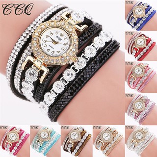 Women Fashion Rhinestone Leather Bracelet Wrist Watch Gold Dial Quartz Watch C46