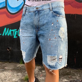 Bermuda Masculina Jeans Destroyed Desfiada Caveira - Promocional