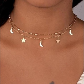 Colar Feminino Dupla Camada Com Pingente De Estrela / Lua / Estrela | Fashion Women Double Layer Chain Moon Star Pendant Necklace Party Jewelry Gift