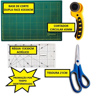 Kit Placa de Corte A3 - Tamanho 45x30cm + Régua 15x30cm + Cortador 45mm + Tesoura Para Tecido Artesanato Patchwork (2)