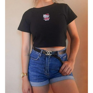 Cropped Feminino Camiseta estilo T-shirt estampa Hello Kit