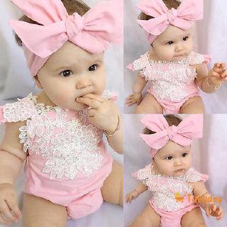 New Buyer Exclusive Conjunto de Romper Macacão de Bebê Recém-nascido Menina+Rendas Floral Macacão Headband (1)
