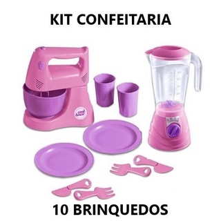 Kit Cozinha Infantil Confeiteiro com 10 Brinquedos Liquidificador, Batedeira, 2 Pratos + 2Talheres + 2Copos Cozinha Dive
