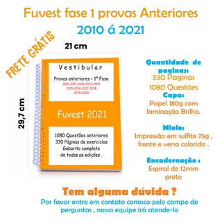 Fuvest 1º Fase, Provas de 2009 A 2021 + Gabarito + Frete Gratis (1)