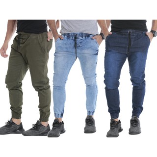 kit 02 calças jogger masculina jeans coloridas punho sarja promoção