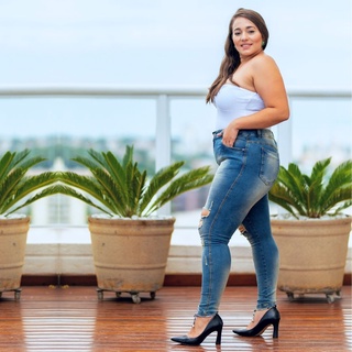 Calça Feminina Plus Size Jeans Colorida Elastano Linha Premium Azul Old Natalia (2)