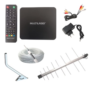 Kit conversor para TV Digital Multilaser RE220 Full HD com USB + Antena log16 elementos com suporte + 8 metros de cabo pronto