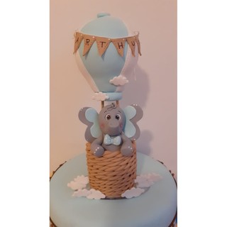 topo de bolo cha de bebe menino azul tema balão elefante em biscuit personalizado