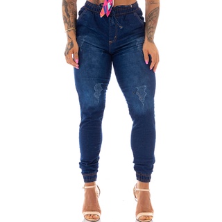 calça jeans feminina jogger azul manchada e pistolada