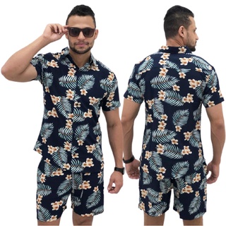 Conjunto Masculino Floral Havaiano moda praia Camisa Social Slim + Shorts Mauricinho Promoção de Verão (3)