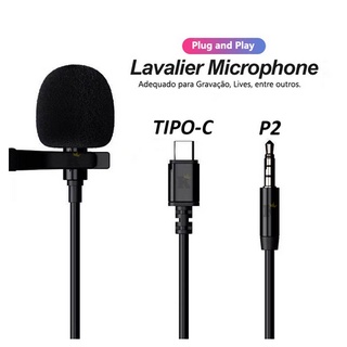 Microfone De Lapela Profissional Fone De Ouvido Youtube Tiktok Live Preto plug P2 e Tipo C