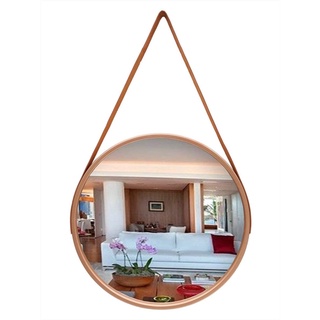 Espelho redondo adnet de parede para quarto, sala, banheiro - ROSE GOLD 45 CM com alça em couro ecológico. (1)