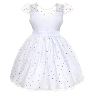 Vestido Infantil Branco Com Detalhes Estrelas Festa Batizado