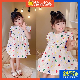 Vestido floral para criança vestido algodã mangas curtas com padrão de coração femininas infantil verão confortável 2 a 9 anos