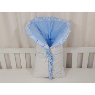 Porta Bebê Saco De Dormir Branco com Azul Claro Tecido Percal 200 Fios