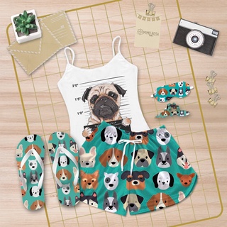 Pijama Baby Doll Alcinha Curto de Verão Estampa Dog Pug + Chinelo e Brinde