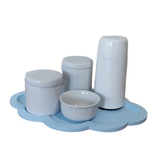 Kit Higiene Bebê Porcelana Branca Bandeja Nuvem Clean Azul 5 peças