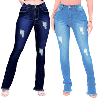 Calça Jeans feminina Flare barra desfiada com lycra destroyed levanta bumbum