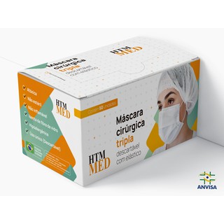 Caixa de Máscara Cirúrgica Descartável Tripla com Elástico, Clipe Nasal e Anvisa 50 unidades