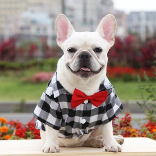 【Pronto Stock】 Pet Dog Camisa Xadrez terno da lei do vestido de casamento de combate Pug Bow Tie Cavalheiro shirt