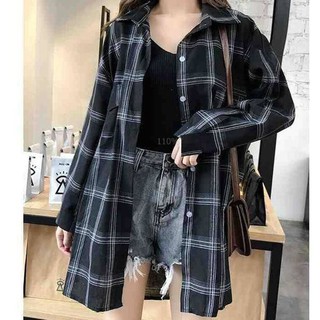 [Huhu]Mulheres coreanas camisa xadrez solta vento selvagem BF no longo tamanho grande casaco de mangas compridas outono