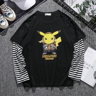 Camiseta De Manga Comprida Com Gola Redonda Imitação Dois Novo Pikachu Em 2 Cores/Preto E Branco