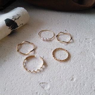 5pcs Conjunto de anéis elegantes femininos de liga leve com abertura cromada e decoração de pérolas torcidas para festas casuais joias