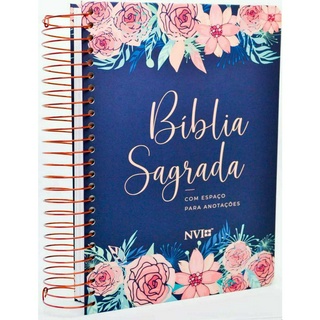 Bíblia Sagrada Nvi Anote Espiral Feminina Azul Flores