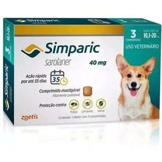 Combo antipulga Simparic 40 Mg 10 A 20 Kg 3 Comprimidos Caixa Original