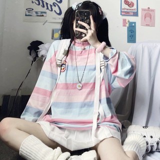 Puu Camiseta Listrada De Comprimento Médio Siswa Perempuan Kemeja Gaya Harajuku Musim Gugur Korea Longgar Lengan (6)