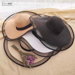 Chapéus de Praia sol com fita preta borda tela moda 2022. (enviar rápido)