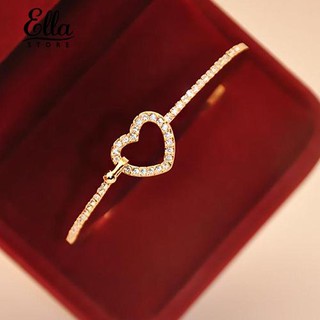 Ellastore Pulseira Fina Feminina Com Coração De Ouro E Cristal | Ellastore Women's Golden Love Heart Charm Crystal Bracelet Slim Bangle