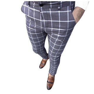 [BGK] Fashion Men Casual Business Slim Fit Plaid Print Zipper Long Pants Trousers (4)