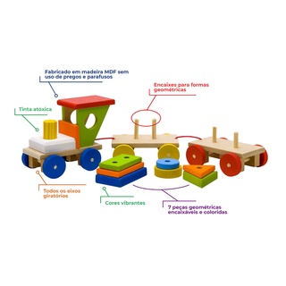 Brinquedo Pedagógico educativo montessoriano Trem Trenzinho De Madeira com peças GeométricA de encaixe em mdf (5)