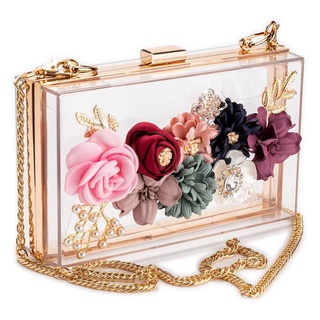 Women PVC+ fabric Floral Purse With Gold Chain Pearls Evening Bags