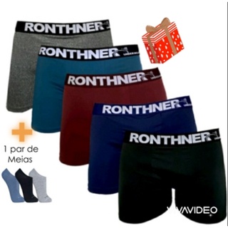 kit 5 cuecas boxer adulto Ronthner Premiun +1 par de meia sapatilha algodão soquete