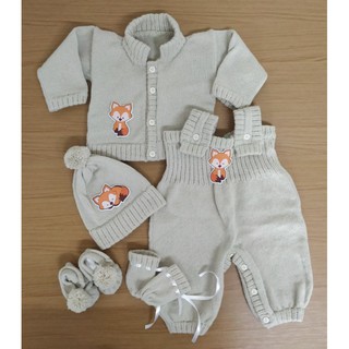 Raposinha Conjunto para bebê de lã tricô macaquinho, casaquinho, touca, sapatinho e luvinha com temas Raposinha 🦊