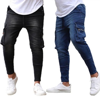 Calças De Brim Dos Homens Estiramento Slim Fit Skinny Jeans Compridas Preto Azul