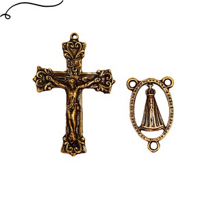 10 Entremeios Nossa Senhora Aparecida e 10 Crucifixos Rústico Em Ouro Velho Para Fazer Terço Atacado