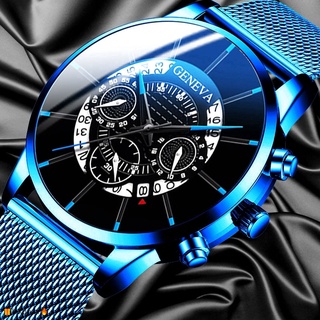 Geneva Relógio Analógico Quartzo Moda Masculina Executiva Calendário/Azul com Pulseira de Tela de Aço Inoxidável Original