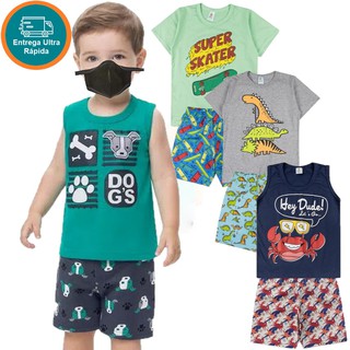 2 Conjunto Infantil Menino Camiseta e Bermuda moda praia e sol