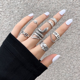 7 Pcs/Set Vintage Silver Snake Rings for Women Jewelry Accessories