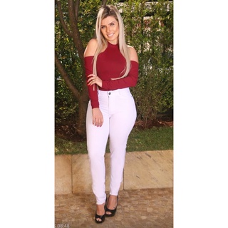 Calça jeans feminina branca cintura alta com lycra do 34 ao 64