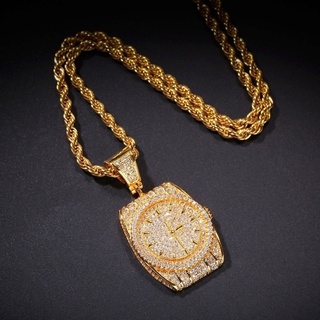 Zircon Dial Watch Pendant Inch Rope Chain Necklace for Men Bling Hip Hop Jewelry