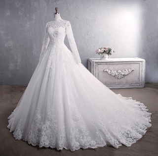 Muçulmano Vestido De Noiva 2020 Elegante Gola Alta Com Trem Princesa Vestido De Noiva De Luxo Rendas Bordado Do Vestido De Casamento Vestido De Noiva (1)