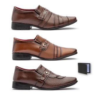 Kit 3 pares de sapato + carteira brinde casual social modelo para homens modernos.