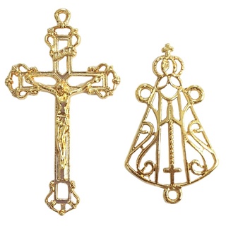 10 Crucifixos Vazados + 10 Entremeios Vazados Nossa Senhora Aparecida Dourado p/ Terços Dezenas Escapularios Chaveiros