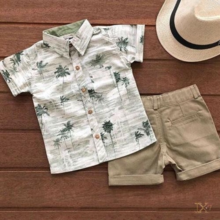 Jx-2Pçs Conjunto Infantil Masculino Camiseta De Botão De Manga Curta + Short Havaí Praia Verão 1-6a (3)