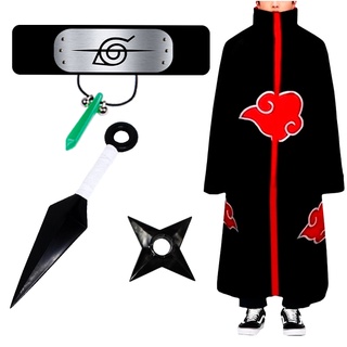 Kit Roupa Manto Akatsuki + Bandana Kunai Shuriken Colar - Naruto