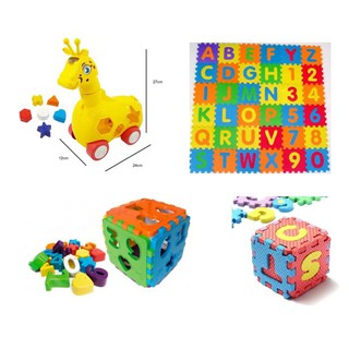 Kit Educativo Girafa + Tapete Educativo + Cubo de Encaixar / Mini Tapete de eva 8cmX8cm Mini quebra cabeça / Cubo Didáticoo / Girafa de Encaixar / Brinquedos Educativos / Formas, letras, números e sinais